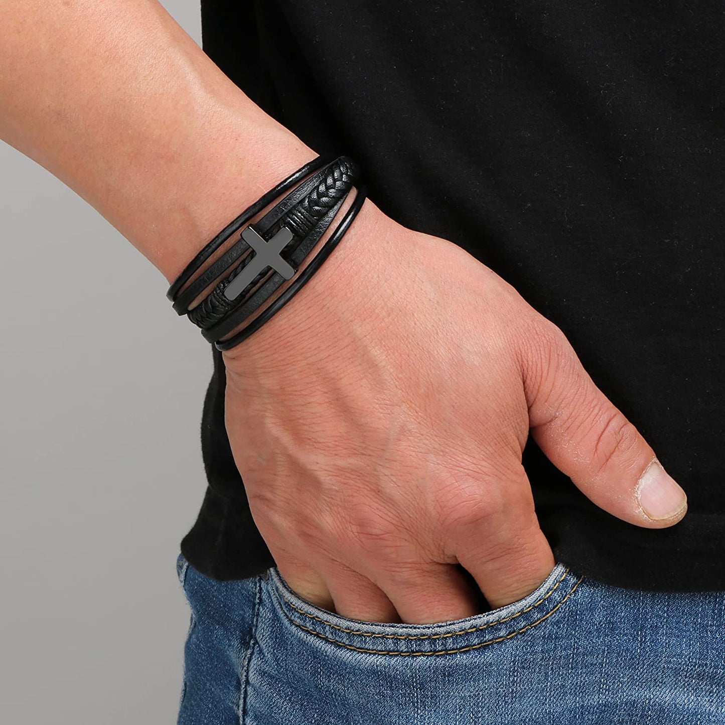 Men's Classic Design Cross Genuine Leather Stainless Steel Bracelet