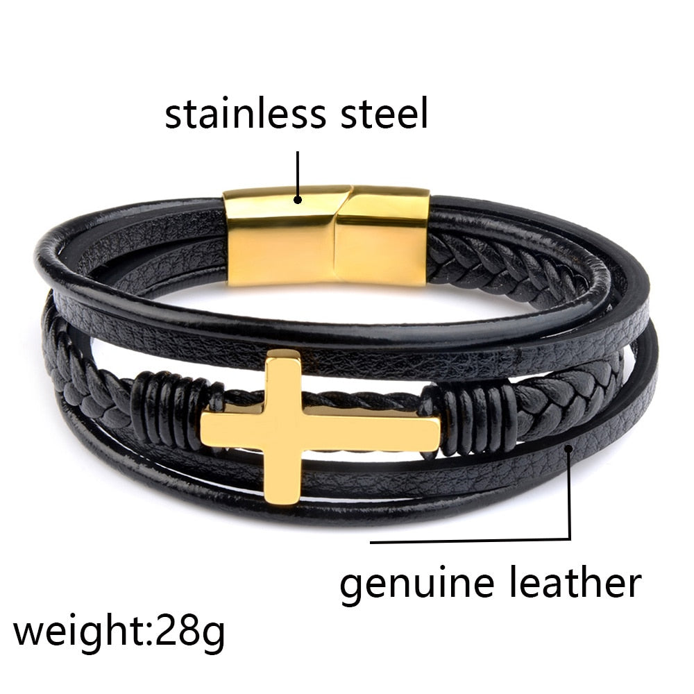 Men's Classic Design Cross Genuine Leather Stainless Steel Bracelet