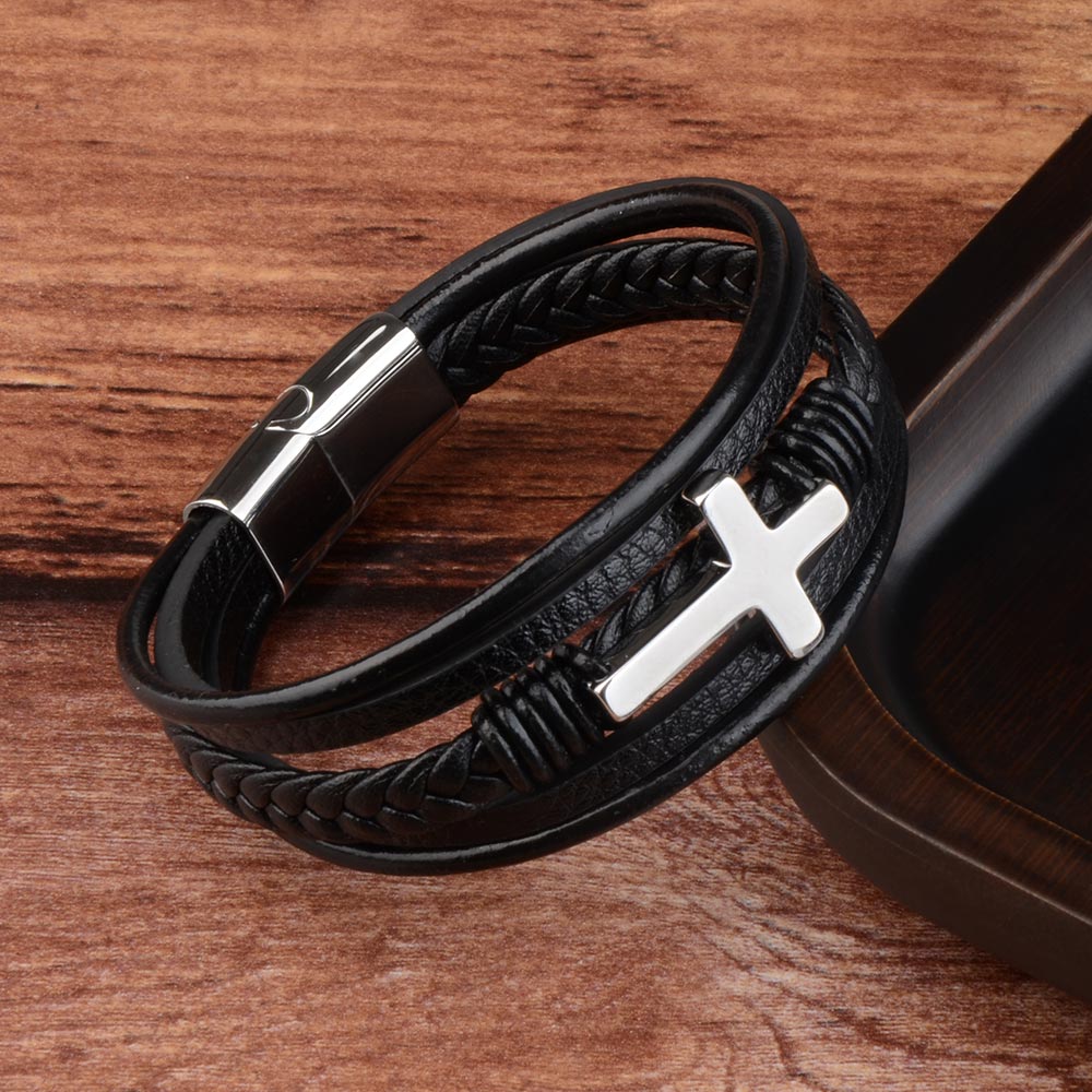 Men's Classic Design Cross Genuine Leather Stainless Steel Bracelet