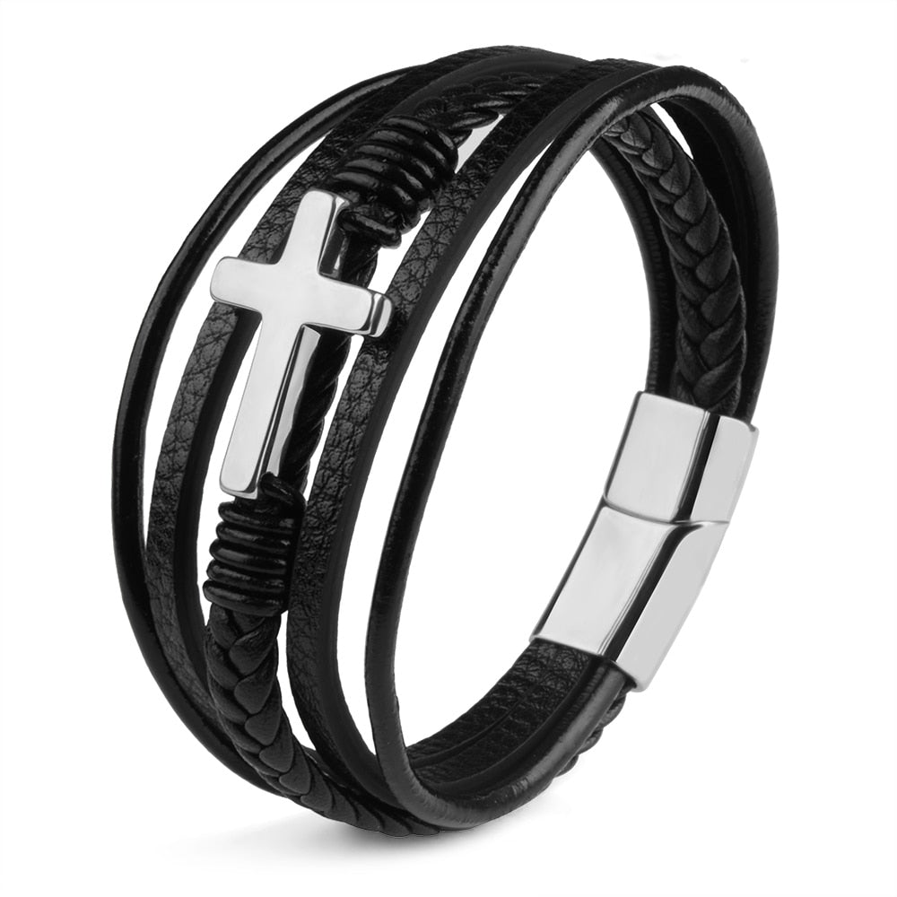 Men's Classic Design Cross Genuine Leather Stainless Steel Bracelet