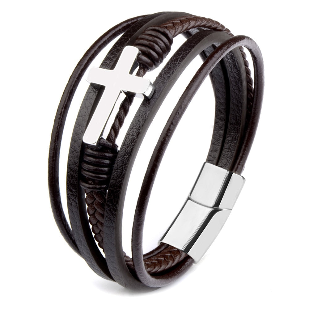 Men's Classic Design Cross Genuine Leather Stainless Steel Bracelet