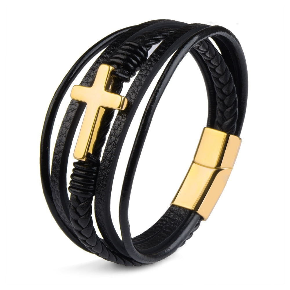 Men's Classic Design Cross Genuine Leather Stainless Steel Bracelet