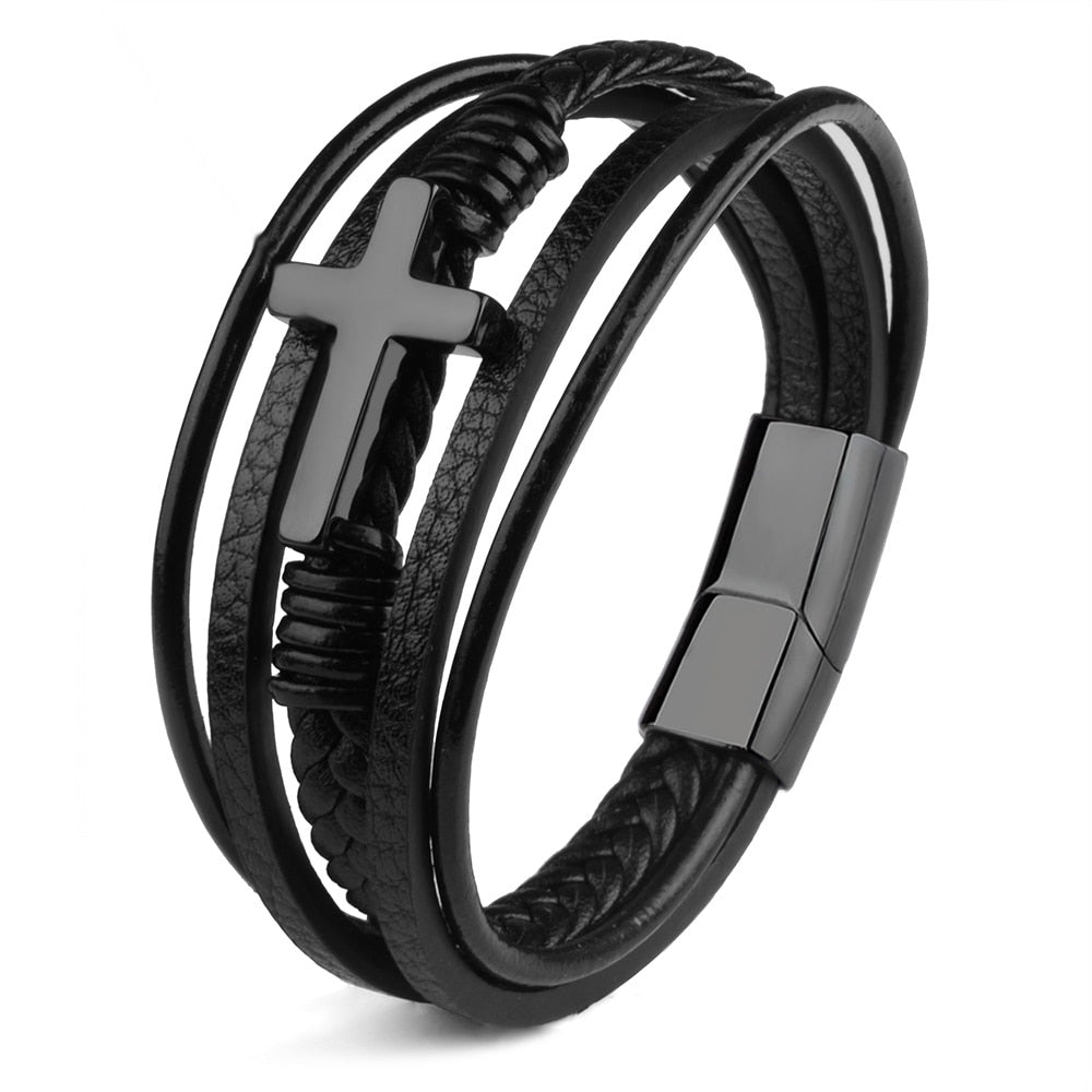 Men's Classic Design Cross Genuine Leather Stainless Steel Bracelet