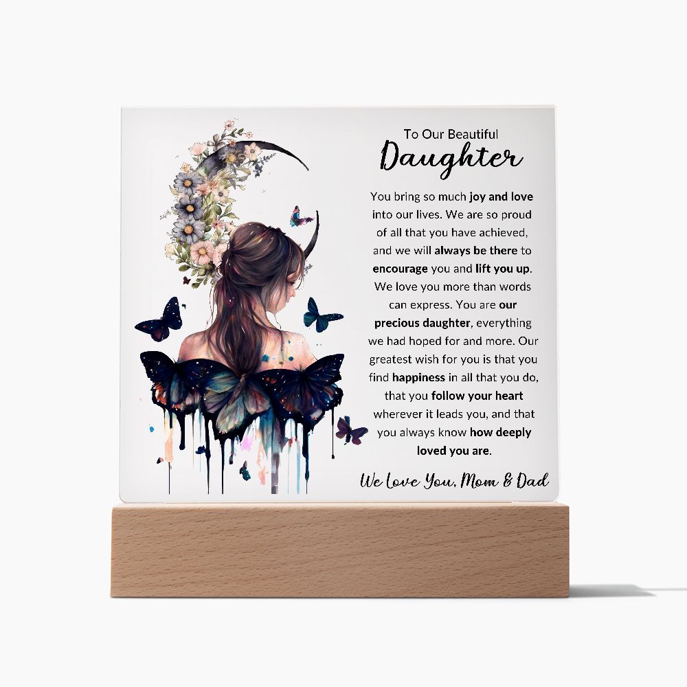 To Our Beautiful Daughter | Girl With Butterflies and Moon | Square Acrylic Plaque