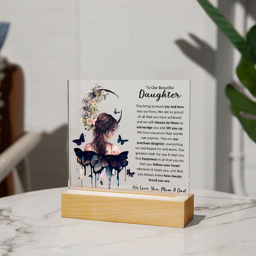 To Our Beautiful Daughter | Girl With Butterflies and Moon | Square Acrylic Plaque