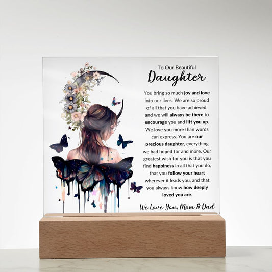 To Our Beautiful Daughter | Girl With Butterflies and Moon | Square Acrylic Plaque