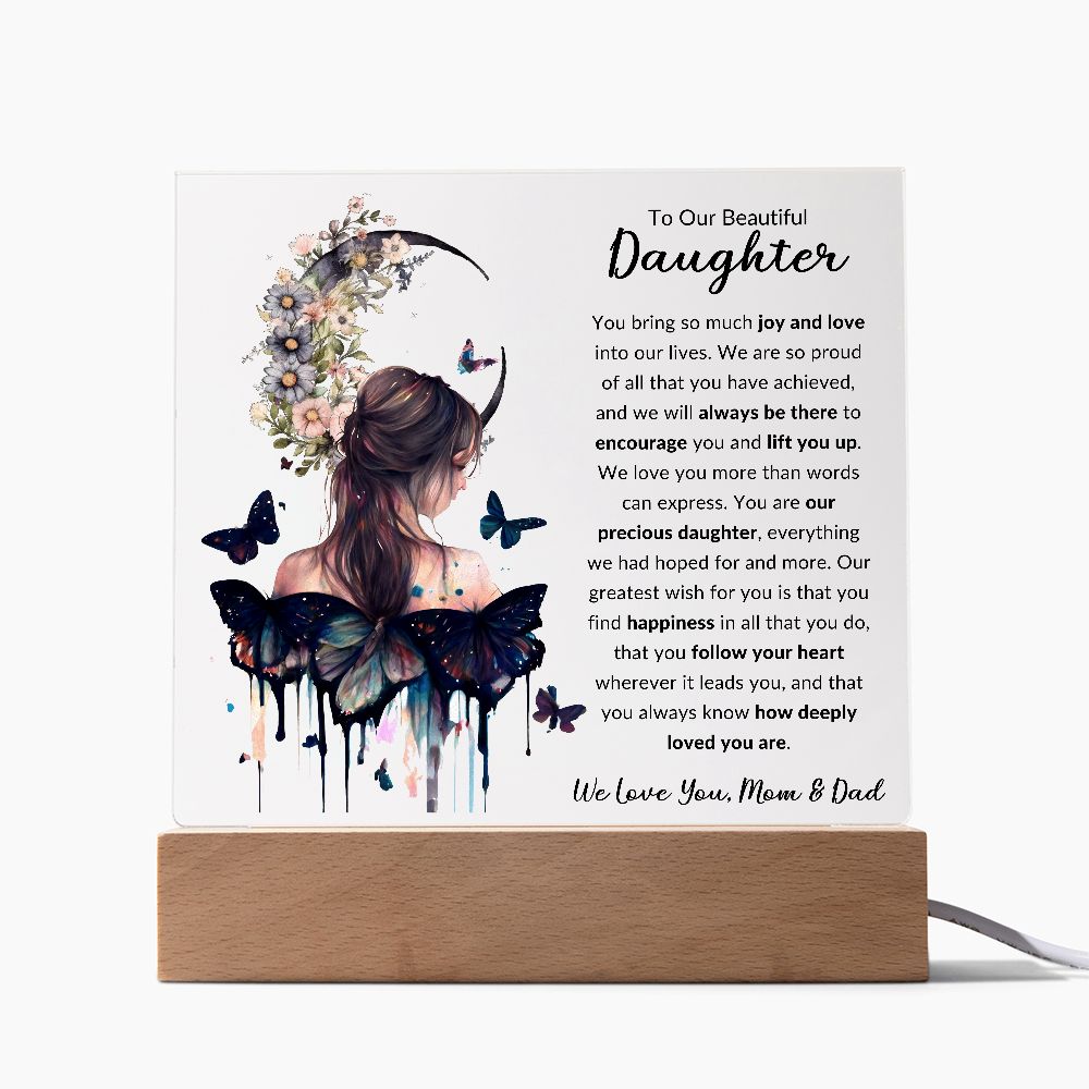 To Our Beautiful Daughter | Girl With Butterflies and Moon | Square Acrylic Plaque