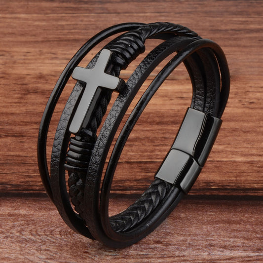 Men's Classic Design Cross Genuine Leather Stainless Steel Bracelet