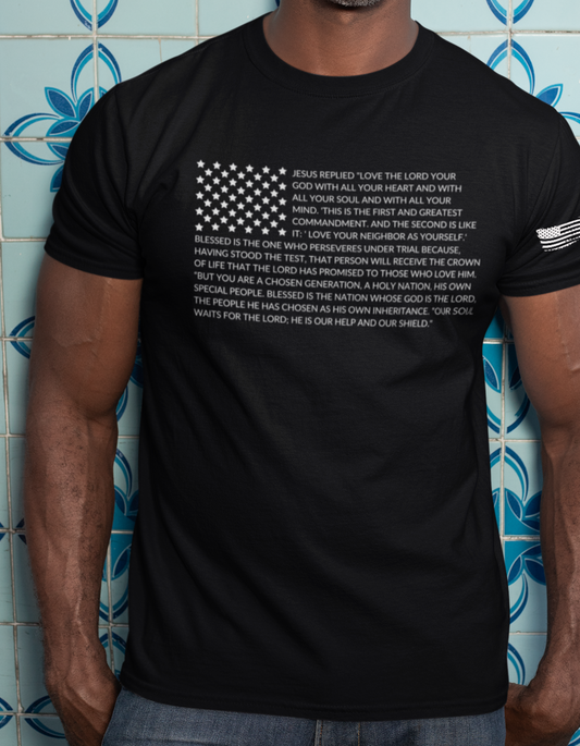 Bible Verse American Flag with Flag on Sleeve T-Shirt