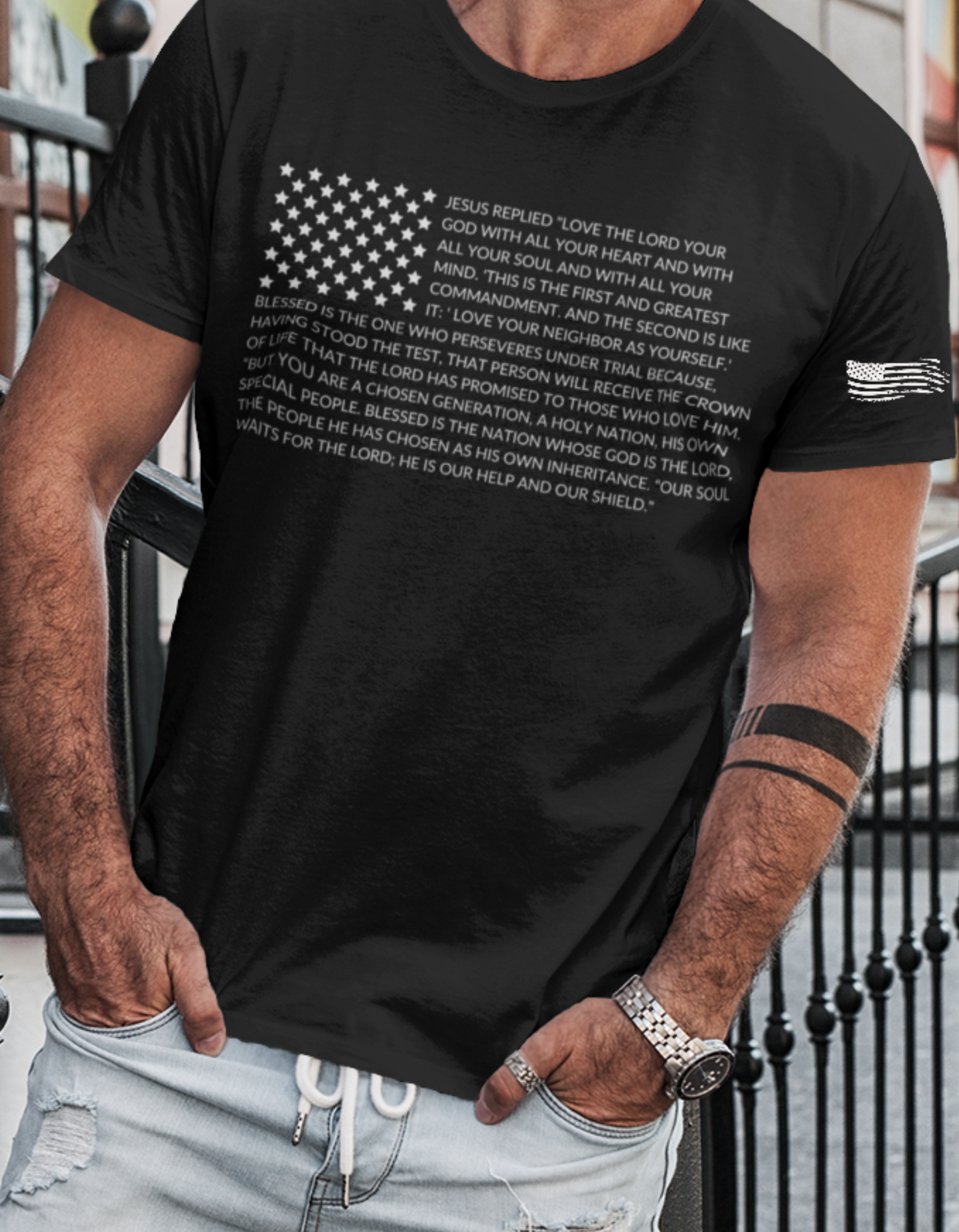 Bible Verse American Flag with Flag on Sleeve T-Shirt