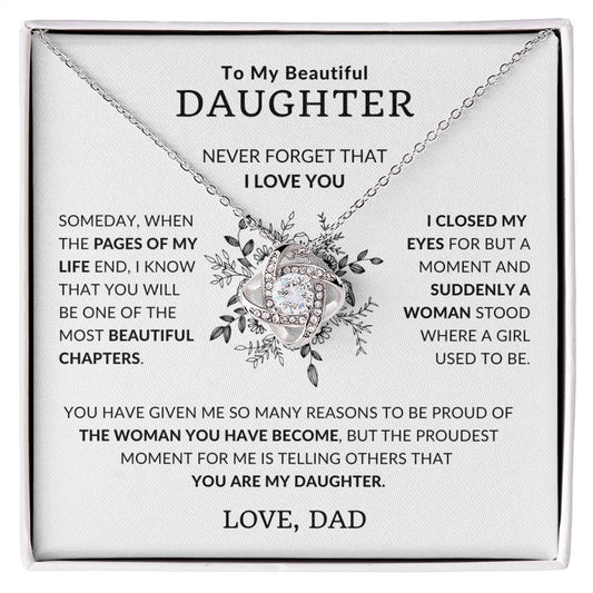 To My Beautiful Daughter | Never Forget (White) | Love Knot Necklace